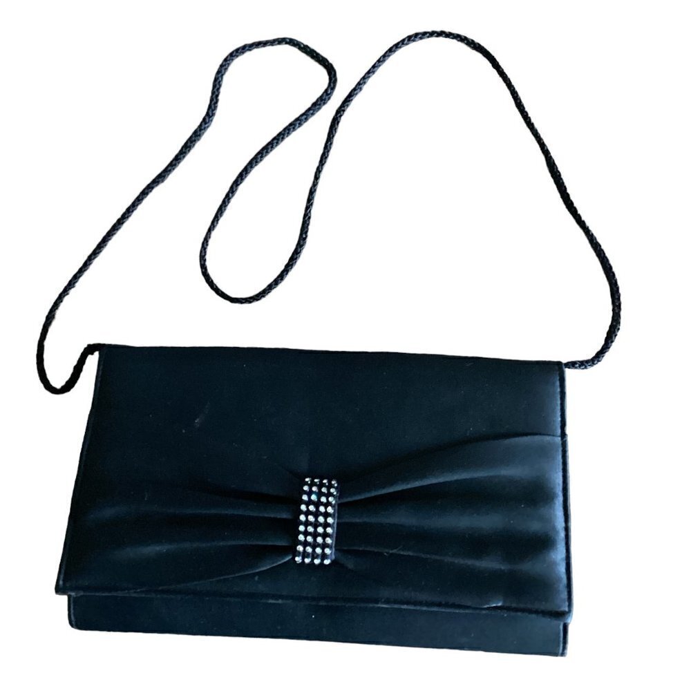RR Rizman Ruzaini Black Satin Evening Purse Clutch Shoulder Bag Rhinestones 159N
